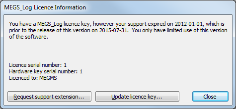 MEGS_Log licence information  dialog box